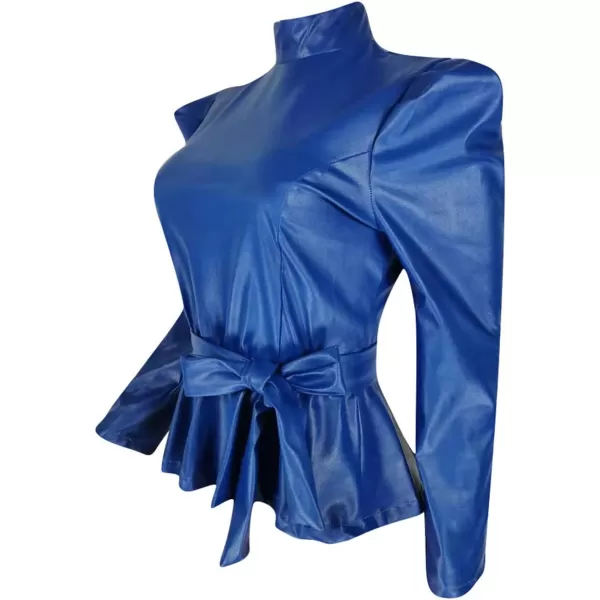 CHARTOU Women Sexy PU Faux Leather Shirts Peplum Top Blouse Puff Sleeve Ruffle Hem Pullover Belt