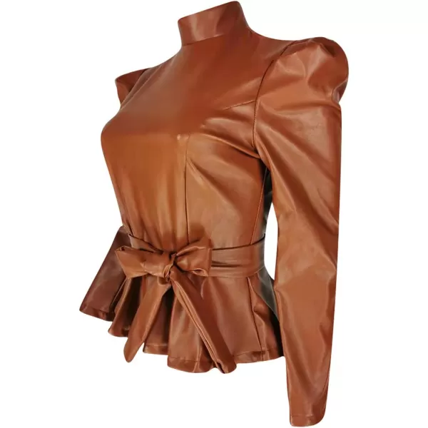 CHARTOU Women Sexy PU Faux Leather Shirts Peplum Top Blouse Puff Sleeve Ruffle Hem Pullover Belt