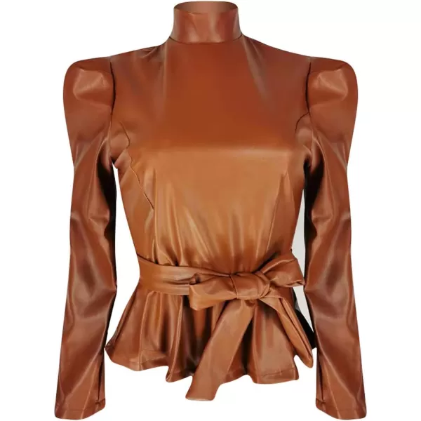 CHARTOU Women Sexy PU Faux Leather Shirts Peplum Top Blouse Puff Sleeve Ruffle Hem Pullover Belt