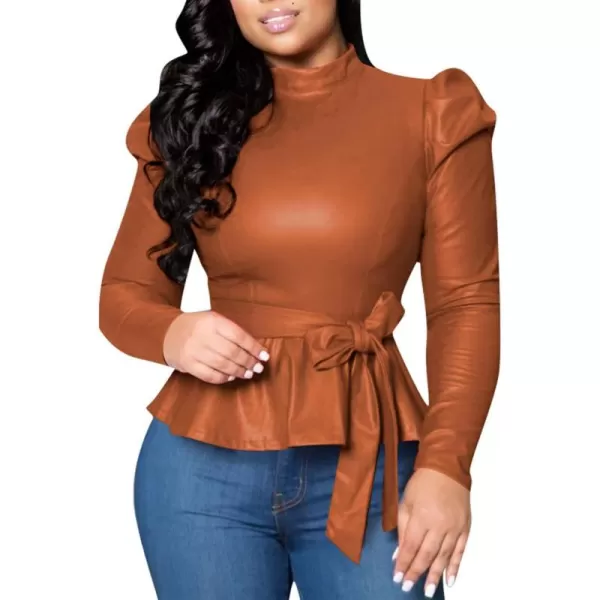 CHARTOU Women Sexy PU Faux Leather Shirts Peplum Top Blouse Puff Sleeve Ruffle Hem Pullover Belt