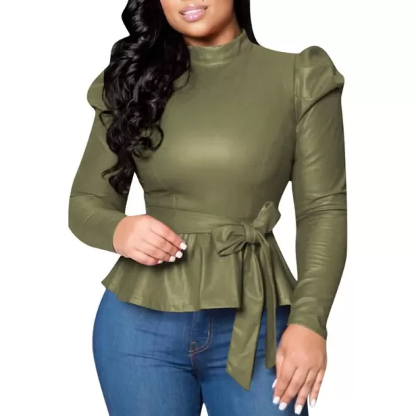 CHARTOU Women Sexy PU Faux Leather Shirts Peplum Top Blouse Puff Sleeve Ruffle Hem Pullover Belt