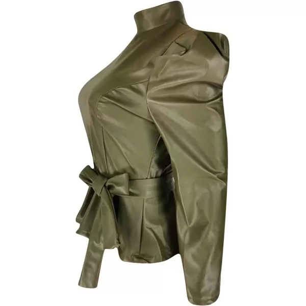CHARTOU Women Sexy PU Faux Leather Shirts Peplum Top Blouse Puff Sleeve Ruffle Hem Pullover Belt