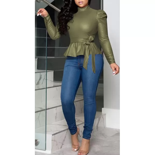 CHARTOU Women Sexy PU Faux Leather Shirts Peplum Top Blouse Puff Sleeve Ruffle Hem Pullover Belt