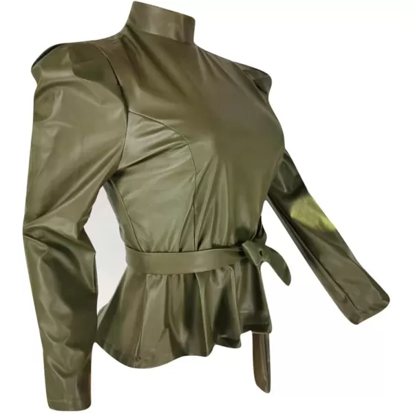 CHARTOU Women Sexy PU Faux Leather Shirts Peplum Top Blouse Puff Sleeve Ruffle Hem Pullover Belt