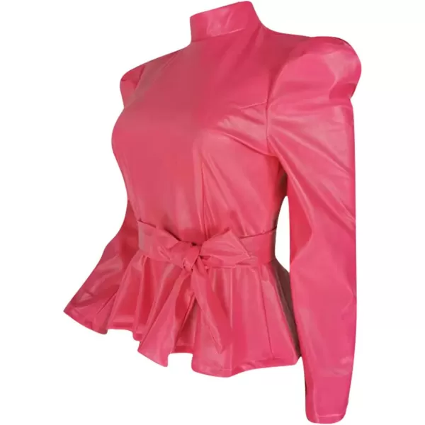 CHARTOU Women Sexy PU Faux Leather Shirts Peplum Top Blouse Puff Sleeve Ruffle Hem Pullover Belt