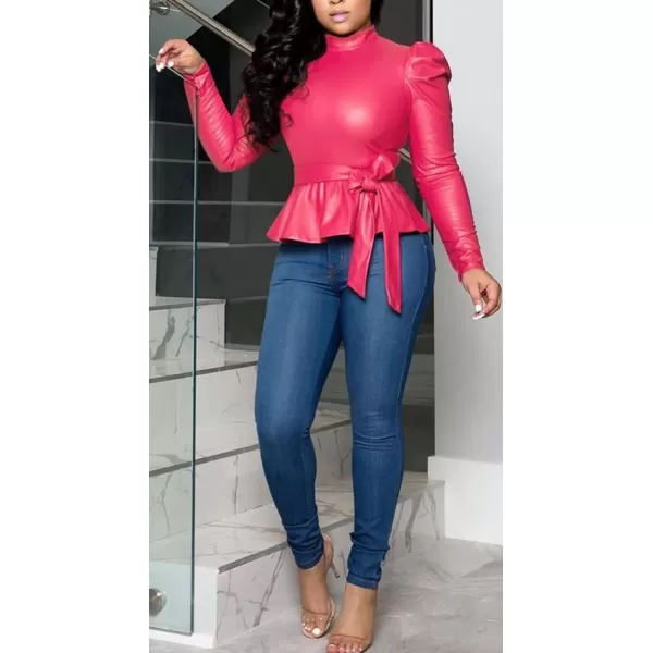 CHARTOU Women Sexy PU Faux Leather Shirts Peplum Top Blouse Puff Sleeve Ruffle Hem Pullover Belt