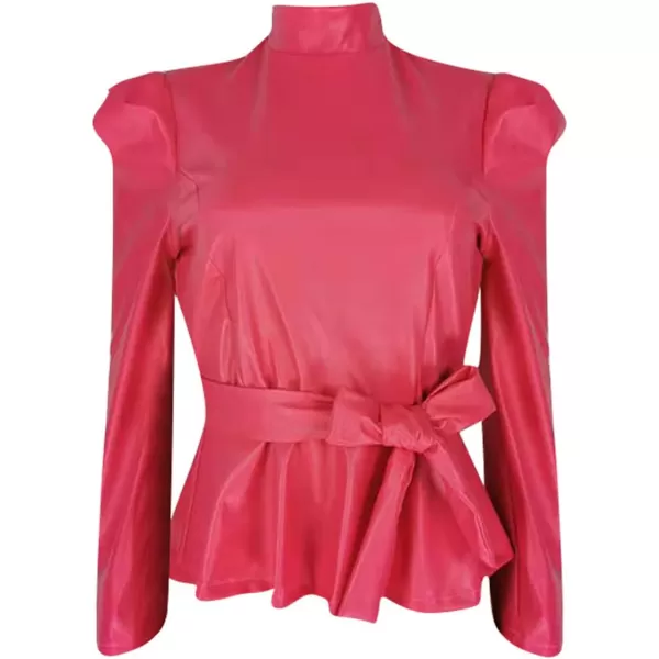 CHARTOU Women Sexy PU Faux Leather Shirts Peplum Top Blouse Puff Sleeve Ruffle Hem Pullover Belt