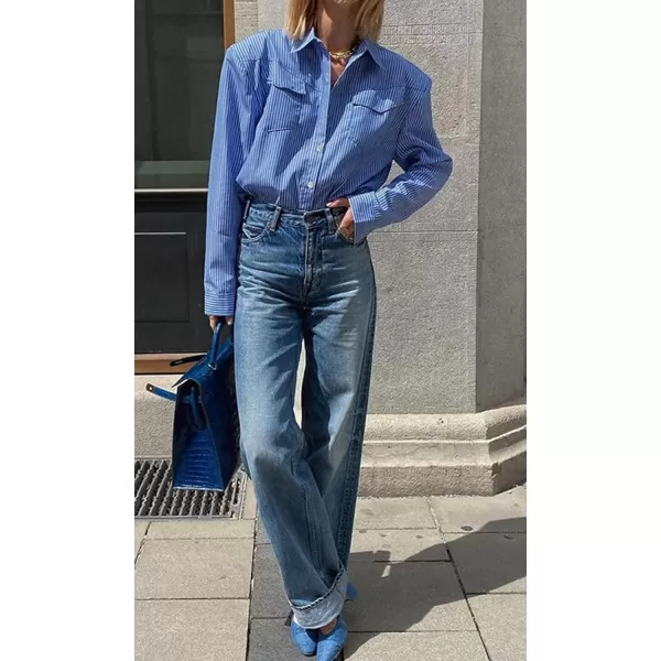 CHARTOU Women Striped Button Down Shirt Lightweight Long Sleeve Stripe Shoulder Pad Collared Chambray Shirt