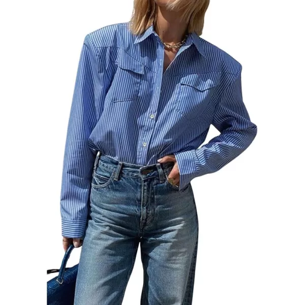 CHARTOU Women Striped Button Down Shirt Lightweight Long Sleeve Stripe Shoulder Pad Collared Chambray Shirt