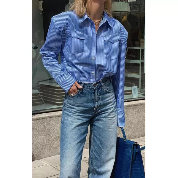 CHARTOU Women Striped Button Down Shirt Lightweight Long Sleeve Stripe Shoulder Pad Collared Chambray Shirt