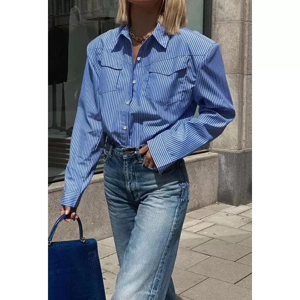 CHARTOU Women Striped Button Down Shirt Lightweight Long Sleeve Stripe Shoulder Pad Collared Chambray Shirt