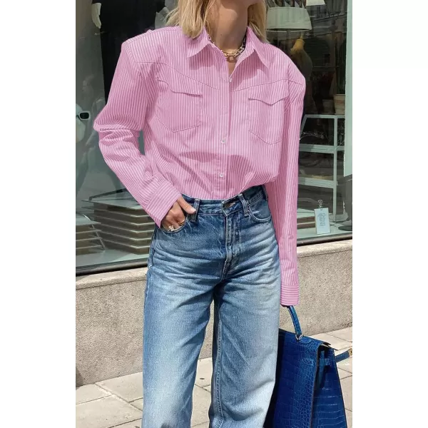 CHARTOU Women Striped Button Down Shirt Lightweight Long Sleeve Stripe Shoulder Pad Collared Chambray Shirt