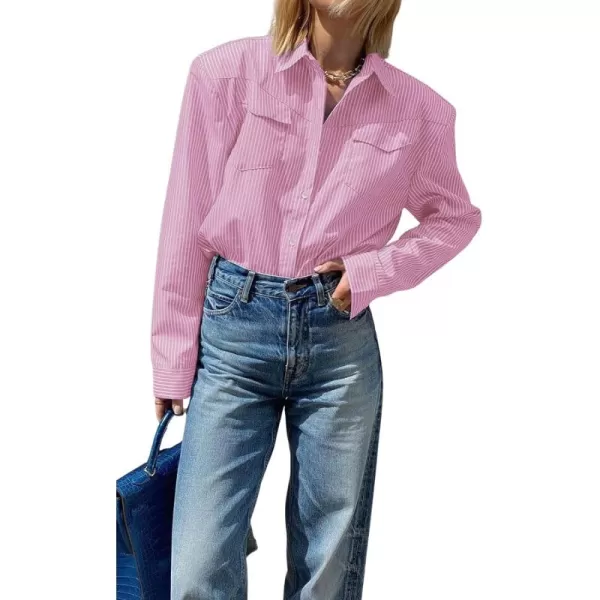 CHARTOU Women Striped Button Down Shirt Lightweight Long Sleeve Stripe Shoulder Pad Collared Chambray Shirt