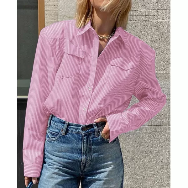 CHARTOU Women Striped Button Down Shirt Lightweight Long Sleeve Stripe Shoulder Pad Collared Chambray Shirt