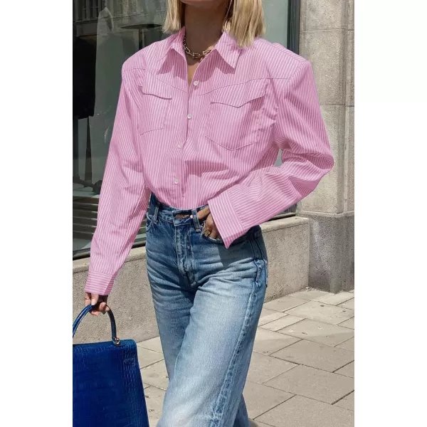 CHARTOU Women Striped Button Down Shirt Lightweight Long Sleeve Stripe Shoulder Pad Collared Chambray Shirt