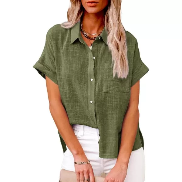 CHARTOU Women Summer Button Down Linen Shirt Collared Short Sleeve Casual Shirt Blouse Tops