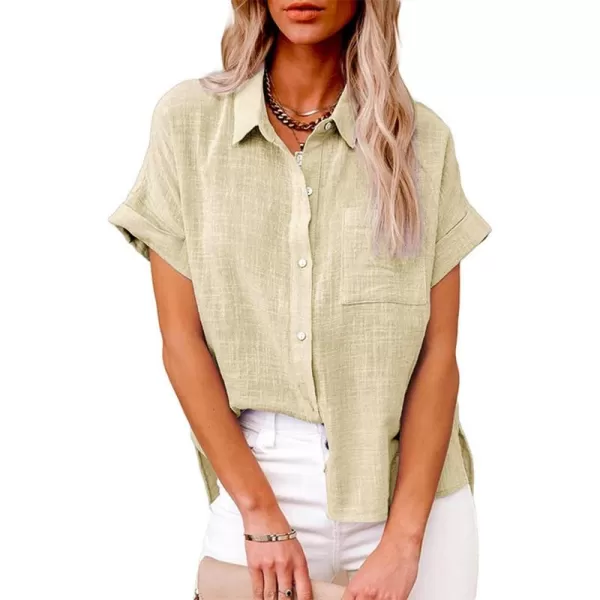 CHARTOU Women Summer Button Down Linen Shirt Collared Short Sleeve Casual Shirt Blouse Tops