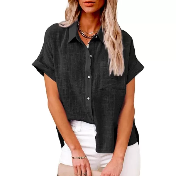 CHARTOU Women Summer Button Down Linen Shirt Collared Short Sleeve Casual Shirt Blouse Tops