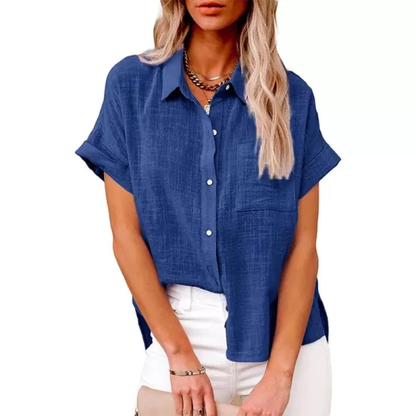 CHARTOU Women Summer Button Down Linen Shirt Collared Short Sleeve Casual Shirt Blouse Tops