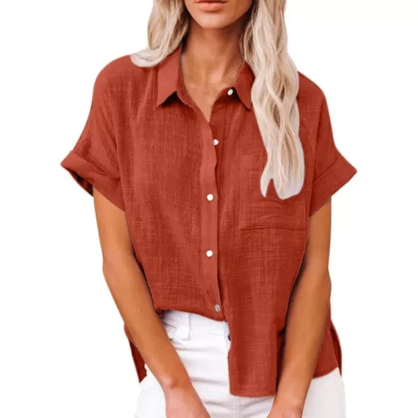 CHARTOU Women Summer Button Down Linen Shirt Collared Short Sleeve Casual Shirt Blouse Tops