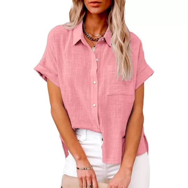 CHARTOU Women Summer Button Down Linen Shirt Collared Short Sleeve Casual Shirt Blouse Tops