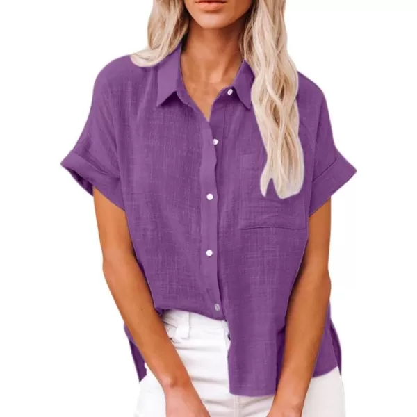 CHARTOU Women Summer Button Down Linen Shirt Collared Short Sleeve Casual Shirt Blouse Tops