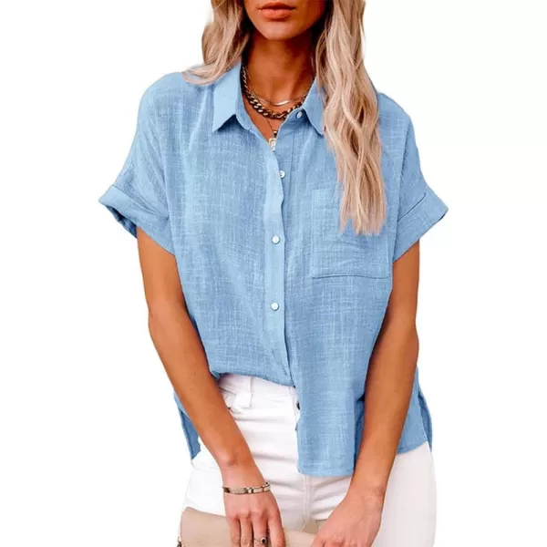 CHARTOU Women Summer Button Down Linen Shirt Collared Short Sleeve Casual Shirt Blouse Tops