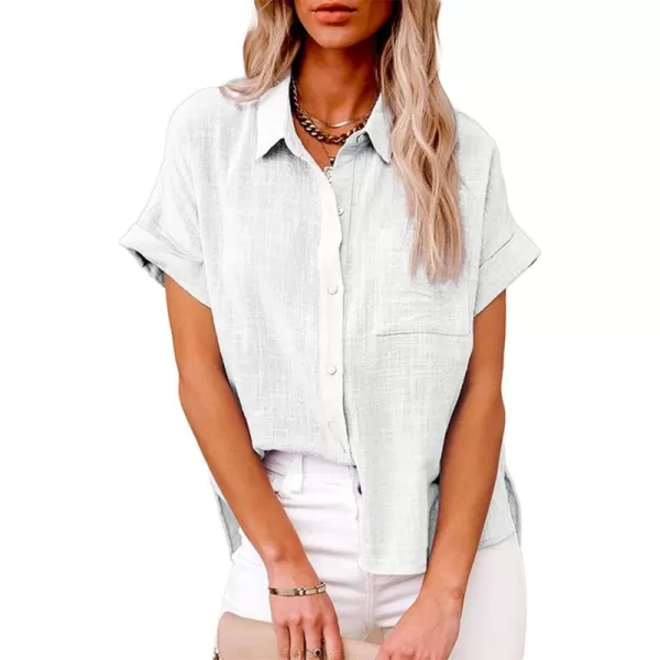 CHARTOU Women Summer Button Down Linen Shirt Collared Short Sleeve Casual Shirt Blouse Tops