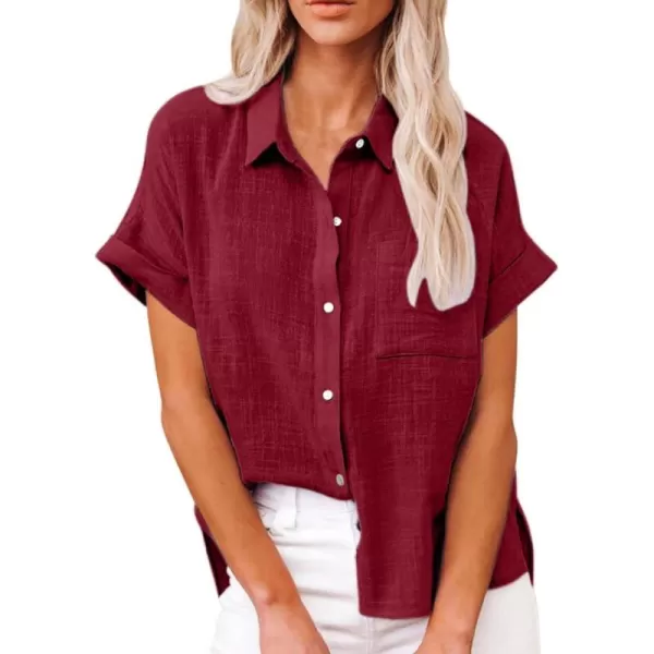 CHARTOU Women Summer Button Down Linen Shirt Collared Short Sleeve Casual Shirt Blouse Tops