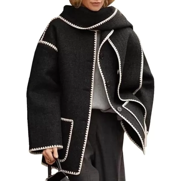 CHARTOU Women Wool Coat Winter Pea Coat Jacket Button Down Woolen Tassel Scarf Tench Coat Peacoat Pockets