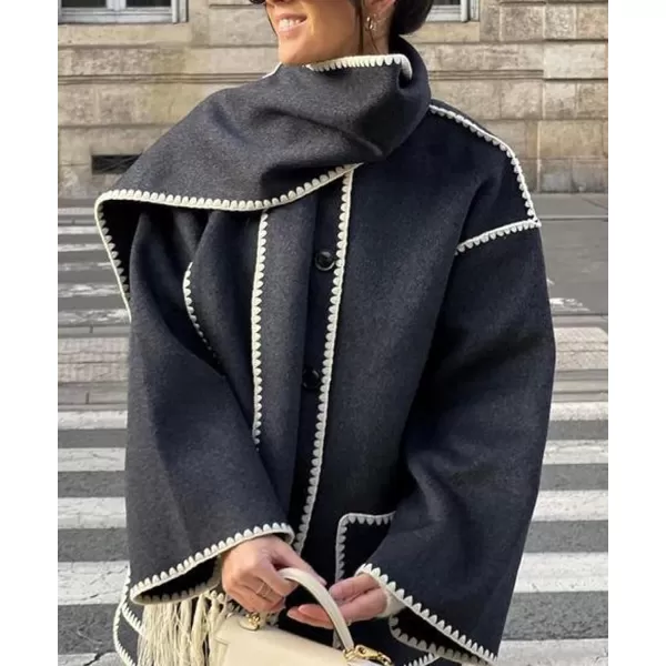 CHARTOU Women Wool Coat Winter Pea Coat Jacket Button Down Woolen Tassel Scarf Tench Coat Peacoat Pockets