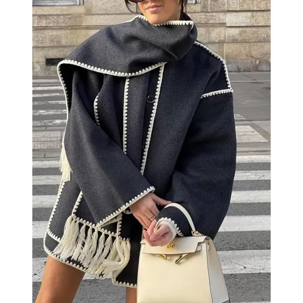 CHARTOU Women Wool Coat Winter Pea Coat Jacket Button Down Woolen Tassel Scarf Tench Coat Peacoat Pockets