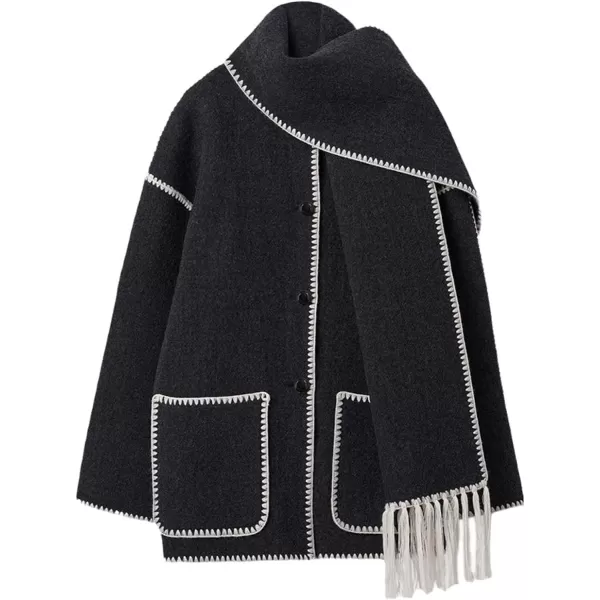 CHARTOU Women Wool Coat Winter Pea Coat Jacket Button Down Woolen Tassel Scarf Tench Coat Peacoat Pockets
