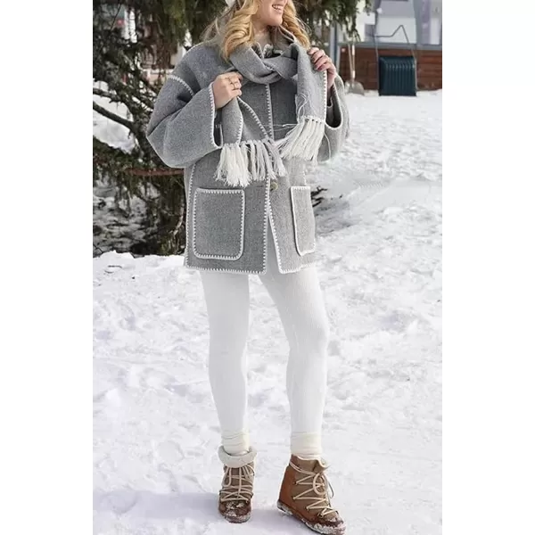 CHARTOU Women Wool Coat Winter Pea Coat Jacket Button Down Woolen Tassel Scarf Tench Coat Peacoat Pockets