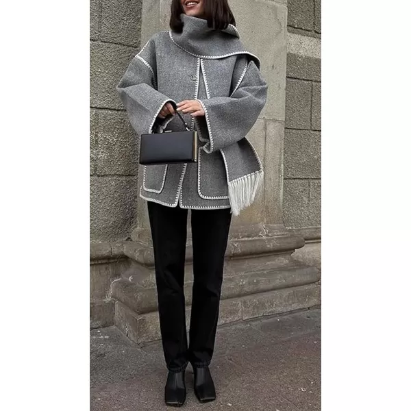 CHARTOU Women Wool Coat Winter Pea Coat Jacket Button Down Woolen Tassel Scarf Tench Coat Peacoat Pockets