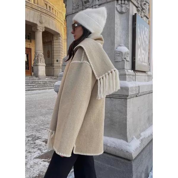 CHARTOU Women Wool Coat Winter Pea Coat Jacket Button Down Woolen Tassel Scarf Tench Coat Peacoat Pockets