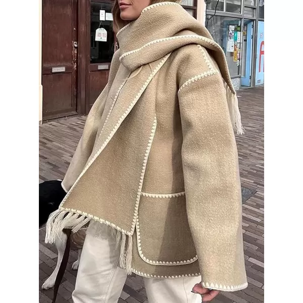 CHARTOU Women Wool Coat Winter Pea Coat Jacket Button Down Woolen Tassel Scarf Tench Coat Peacoat Pockets
