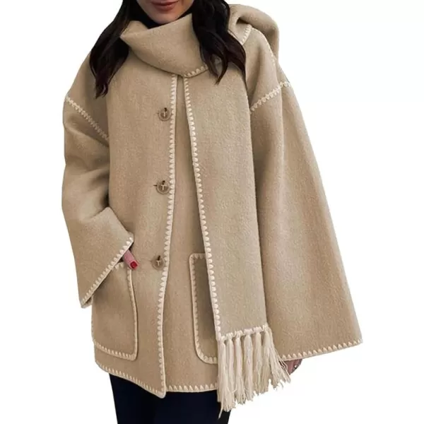 CHARTOU Women Wool Coat Winter Pea Coat Jacket Button Down Woolen Tassel Scarf Tench Coat Peacoat Pockets