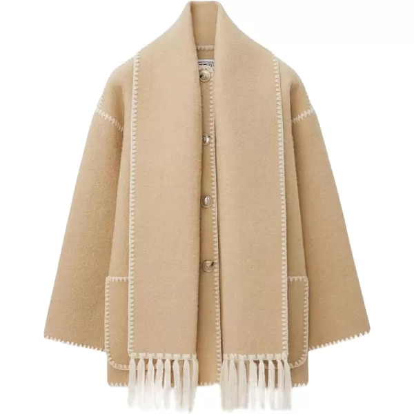 CHARTOU Women Wool Coat Winter Pea Coat Jacket Button Down Woolen Tassel Scarf Tench Coat Peacoat Pockets