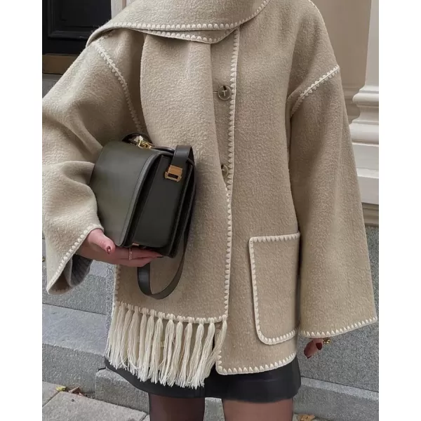 CHARTOU Women Wool Coat Winter Pea Coat Jacket Button Down Woolen Tassel Scarf Tench Coat Peacoat Pockets