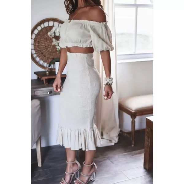 CHARTOU Women's 2 Piece Outfit Off Shoulder Strapless Puff Sleeve Crop Top and Bodycon Smocked Skirt Set