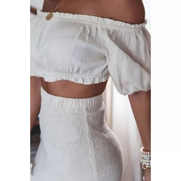 CHARTOU Women's 2 Piece Outfit Off Shoulder Strapless Puff Sleeve Crop Top and Bodycon Smocked Skirt Set