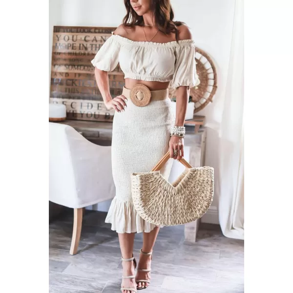 CHARTOU Women's 2 Piece Outfit Off Shoulder Strapless Puff Sleeve Crop Top and Bodycon Smocked Skirt Set