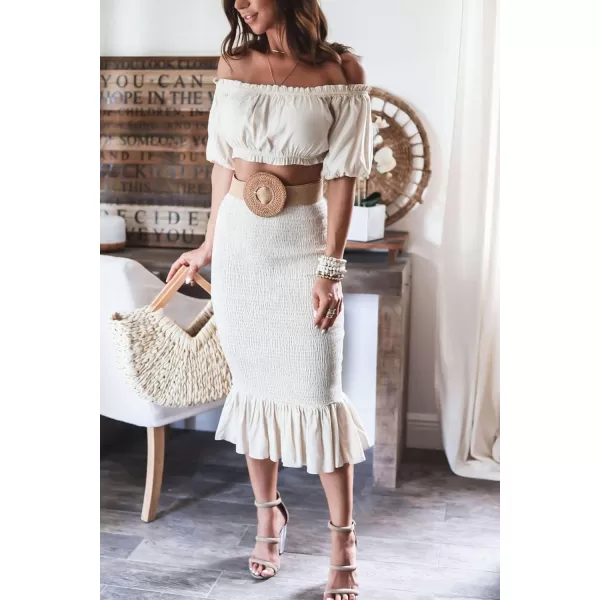 CHARTOU Women's 2 Piece Outfit Off Shoulder Strapless Puff Sleeve Crop Top and Bodycon Smocked Skirt Set