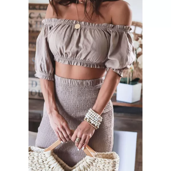 CHARTOU Women's 2 Piece Outfit Off Shoulder Strapless Puff Sleeve Crop Top and Bodycon Smocked Skirt Set
