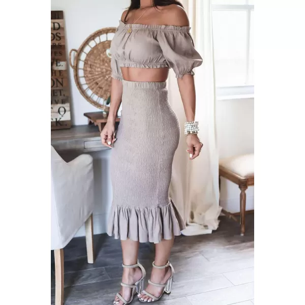 CHARTOU Women's 2 Piece Outfit Off Shoulder Strapless Puff Sleeve Crop Top and Bodycon Smocked Skirt Set