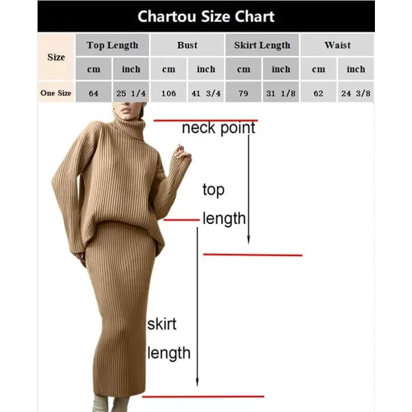 CHARTOU Women's 2 Piece Sweater Set Ribbed Turtleneck Pullover Sweater Top Bodycon Skinny Sweater Skirt Outfits