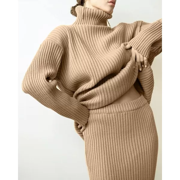 CHARTOU Women's 2 Piece Sweater Set Ribbed Turtleneck Pullover Sweater Top Bodycon Skinny Sweater Skirt Outfits