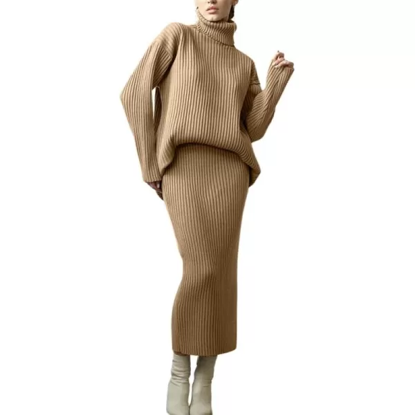 CHARTOU Women's 2 Piece Sweater Set Ribbed Turtleneck Pullover Sweater Top Bodycon Skinny Sweater Skirt Outfits