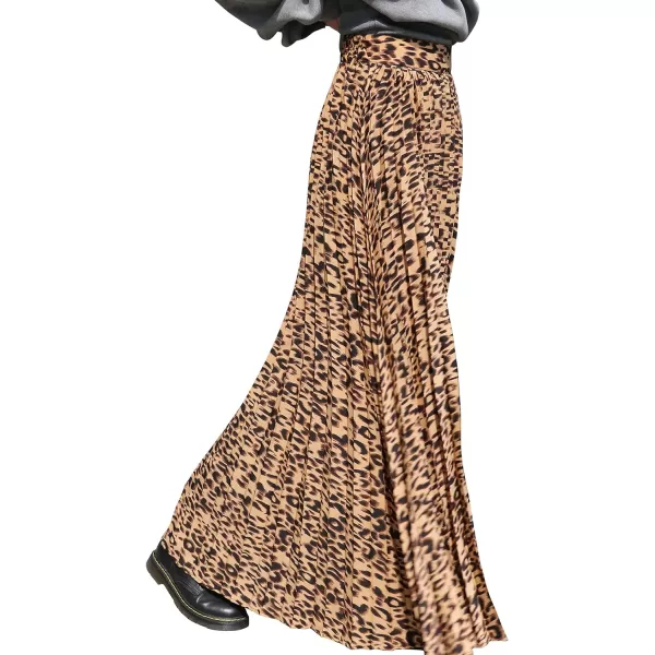 CHARTOU Women's Back Elastic Waist Leopard Print Shirring Pleated A Line Maxi Long Skirt